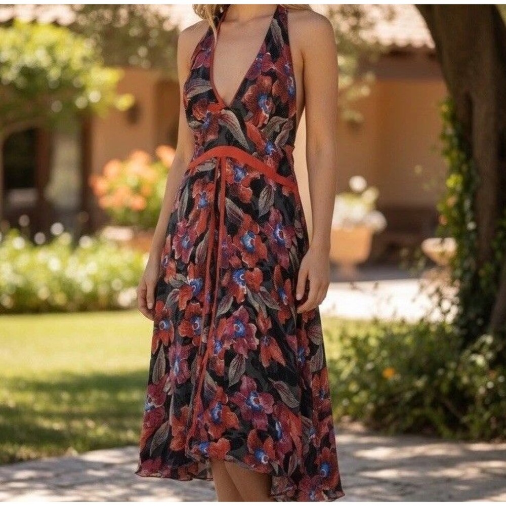 Floral Silk Blend Tie Halter Dress By DHARMA Multicolor Lightweight Boho NWT